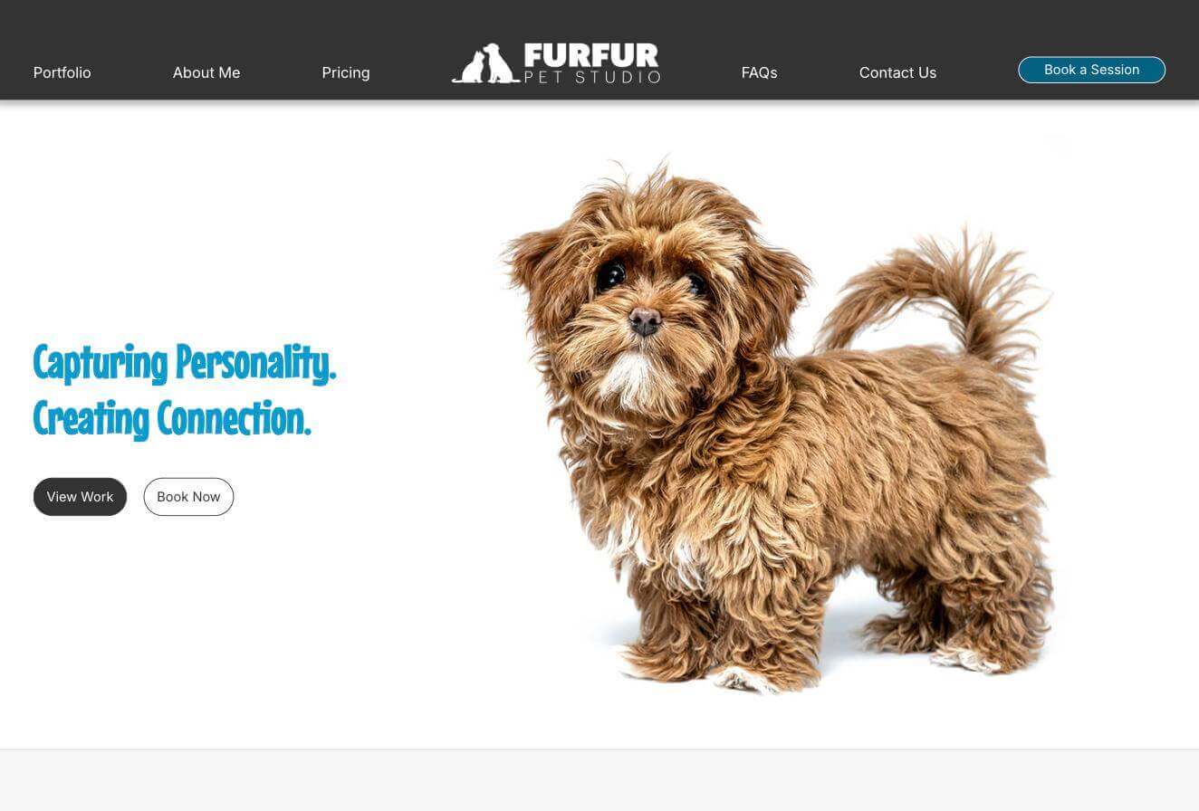 FurFur Pet Studio homepage on desktop, with the headline Capturing Personality. Creating Connection.