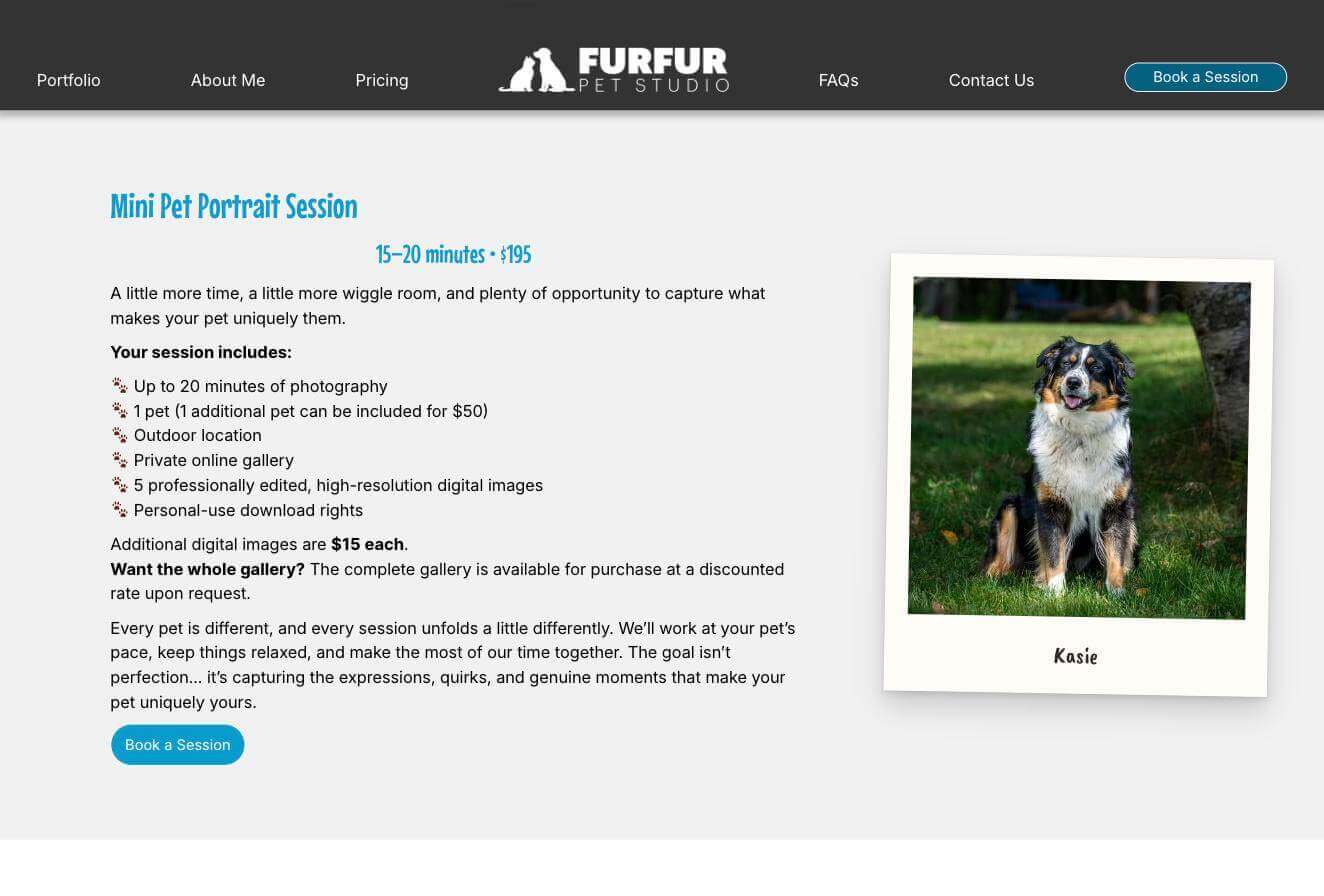 Package pricing page showing the Mini Pet Portrait Session