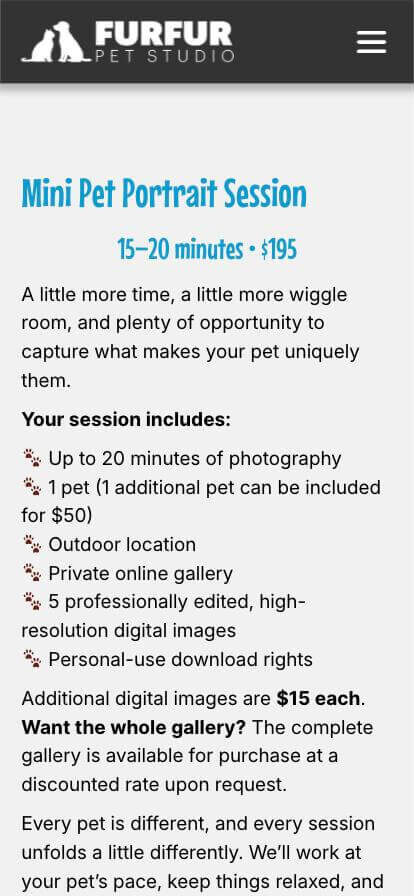 The Mini Pet Portrait Session package on a phone